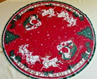 Vtg Mid Century Modern Merry Christmas Tree Skirt 34 " Santa Sleigh Reindeer Red