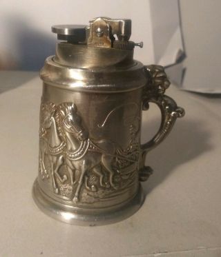 Minature Vintage Metal Stein Table Lighter Horse And Chariot Scene Lion Handle