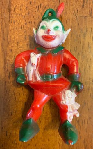 Vintage Hard Plastic Christmas Elf Pixie W/ Toy Ornament Decoration 1940s 1950s