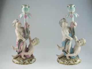 Antique 19th Century Meissen Figural Cherubs Dolphins Candlesticks Circa 1850