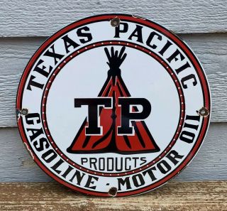 Old Vintage Texas Pacific Tp Motor Oil Gasoline Sign Porcelain Pump Plate