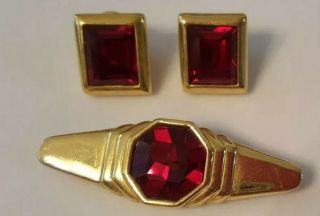 Vintage Swarovski Red Colored Stones Gold Tone Brooch Pin And Earrings,  1980s