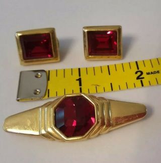 VINTAGE SWAROVSKI RED COLORED STONES GOLD TONE BROOCH PIN AND EARRINGS,  1980s 2