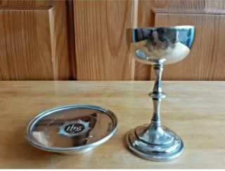 1915 Sterling Silver Holy Communion Set.  Chalice & Plate.  Maker G.  Unite.  Ihs