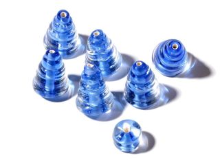 (7) Vintage Czech Lampwork Blue Lined Bicolor Crystal Spun Ribbed Glass Beads