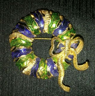 Vintage " Mylu " Signed Christmas Wreath Brooch/pin Goldtone Green/purple Enamel