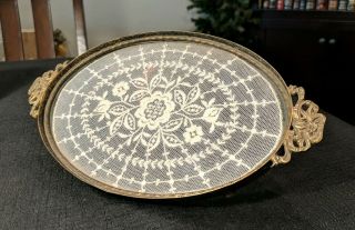 Antique Round Ormolu Glass Perfume Vanity Tray W/ Hand Made Lace Doily.  Vintage