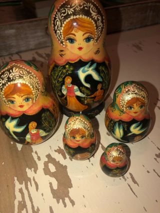 Russian Matryoshka Nesting Dolls Hand Painted 9pc.  Signed Fairy Tale 5 Dolls