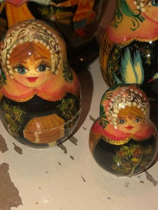Russian Matryoshka Nesting Dolls Hand painted 9pc.  Signed Fairy Tale 5 Dolls 3