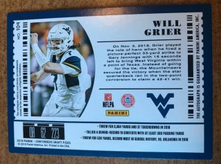 Will Grier 2019 Contenders Draft College Ticket Cracked Ice Auto RC 4/23 2