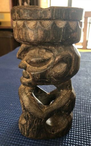 Tribal Wooden Ashtray Hand Carved Sculpture Man Head Wood Statue From Indonesia