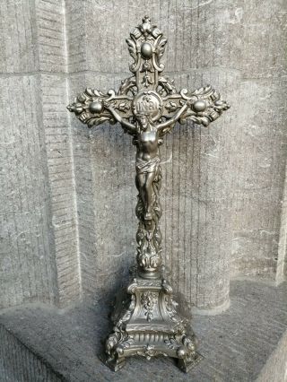 Antique France Metal Ornamental Art Nouveau Standing Cross Crucifix Jesus Corpus