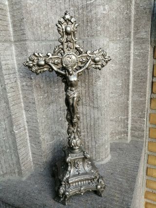 Antique France Metal Ornamental Art Nouveau Standing Cross Crucifix Jesus Corpus 2