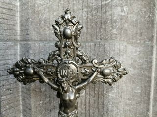 Antique France Metal Ornamental Art Nouveau Standing Cross Crucifix Jesus Corpus 3