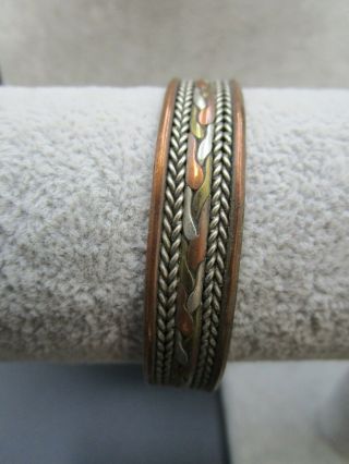 Vintage Artisan Handmade Copper And Brass Cuff Bracelet W Link & Braid Design