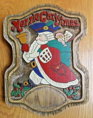 Vintage Hand Carved Hardwood Christmas Plaque Merrie Christmas Sign