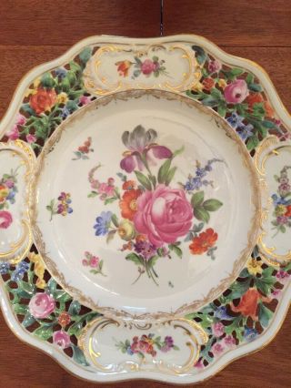 Antique Hand Painted Carl Thieme Dresden Reticulated 10.  25” Cabinet Plate Floral