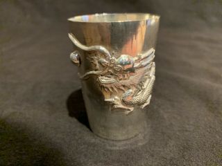 Antique Chinese Export Sterling Silver Cup Relief Dragon 2.  25” 40 Grams