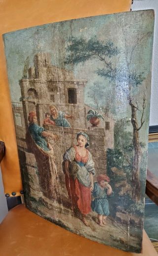 Antique 18th 17th c Old Master Oil Panel Painting Italian Biblical Ruins 1700s 2