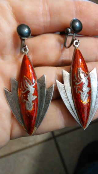 Vintage Sterling Silver Red Enamel Siam Dangle Earrings