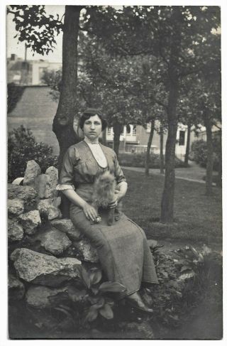 Young Woman With Brussels Griffon Dog On Lap Vintage C1910 Rppc