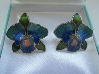 Vintage Sapphire Turquoise Green Enamel Orchid Lily Flower Pierced Earrings