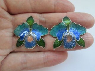 Vintage Sapphire Turquoise Green Enamel Orchid Lily Flower Pierced Earrings 2