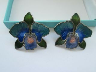 Vintage Sapphire Turquoise Green Enamel Orchid Lily Flower Pierced Earrings 3