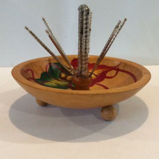 Vintage Wood Nut Cracker Bowl Set W/ Tool Picks Painted Design Red Green