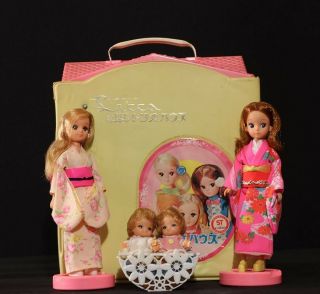 Vintage Licca Chan,  Harumi Chan,  Maki Chan,  Miki Chan,  Dollhouse/case,  Clothes