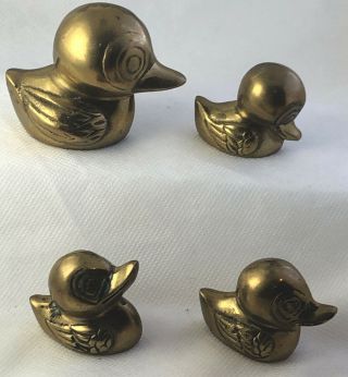 Vintage Solid Brass Ducks / Ducklings Set Of 4 Mother And Babies Small