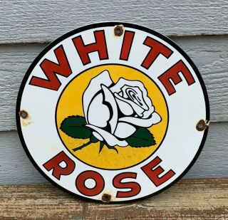 Vintage White Rose Gasoline Porcelain Gas Oil Service Station Pump Plate Sign