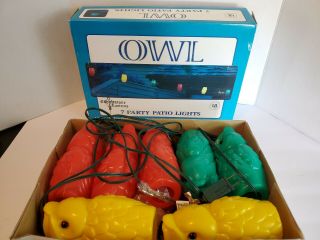 7 Vintage Blow Mold Plastic Owls,  String Lights Tiki Party Rv