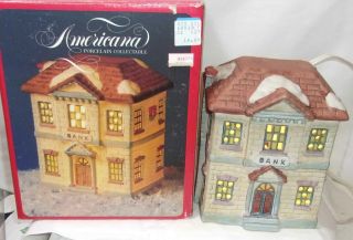 Vintage Lighted Ceramic Christmas Village House - Americana Bank Building