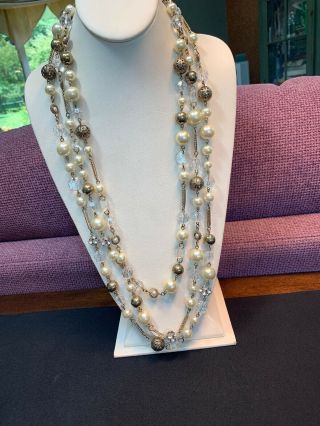 Vintage Long 84” White Imitation Pearl Necklace Gold Beaded Rhinestone
