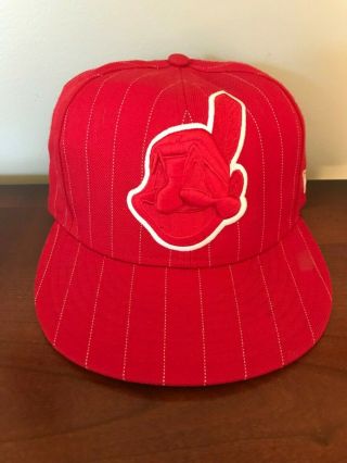 Fitted 7 - 1/2 Cleveland Indians Pin Stripe Hat Chief Wahoo Red Sz Mens
