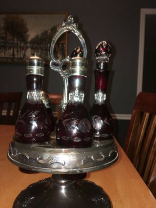 Antique Victorian 6 - Bottle Cranberry Glass Cruet Condiment Castor Set