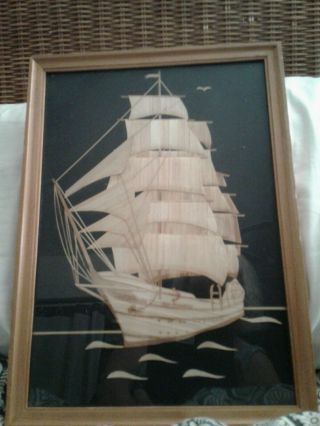 Vintage Polish Straw Art Ship Boat Naval Maritime Framed Picture