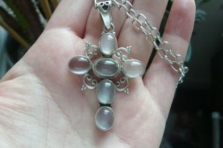 Vintage Suarti Moonstone And Silver Cross With Silver Belcher Chain