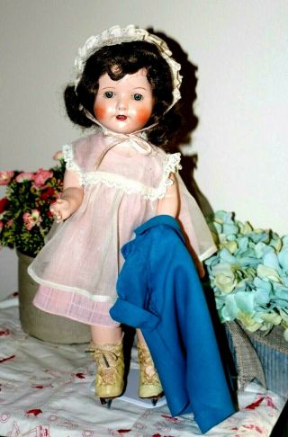 Vintage Composition Doll Effanbee Rosemary Walk Talk Sleep Skates,  Organdy,  Coat