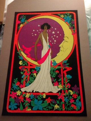 Vintage Moon Lady Blacklight Poster 1969 Funky Features Psychedelic Art Flowers