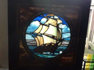 Nautical Clipper Ship Antique Hanging Stain Glass Window.  19 " X 19 "
