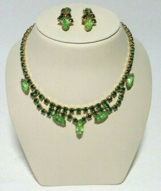 Vintage Emerald Green Rhinestone Necklace Earrings Set Unsigned