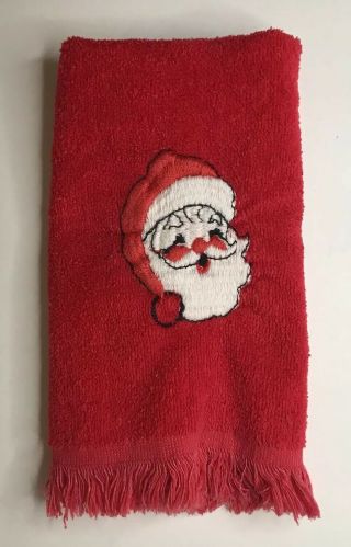 Vintage Bucilla Hand Towel Christmas Red Embroidered Santa Claus Fringe Usa