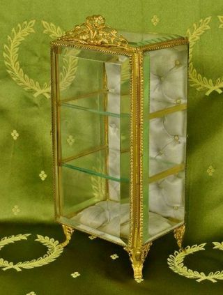 Fabulous Antique French Glass Display Armoire / Casket Silk Lining,  Ormolu Crest