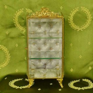 Fabulous Antique French Glass Display Armoire / Casket Silk Lining,  Ormolu Crest 2