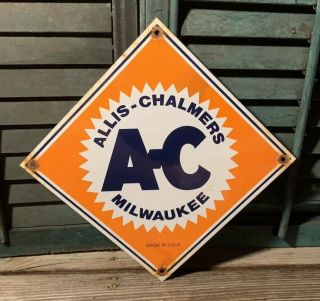 Vintage Ac Allis Chalmers 11 3/4 " Porcelain Gas & Oil Sign Tractor Wisconsin