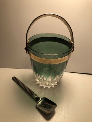 Vintage Green Glass Sugar Cube Server With Gold Metal Handle & Spoon