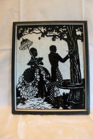 Vintage Reverse Painted Glass Silhouette Colonial Couple Carving Hearts In Tree