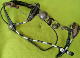 Antique Loaded Solid Sterling Silver Concho Parade Headstall With Face Chain Nr